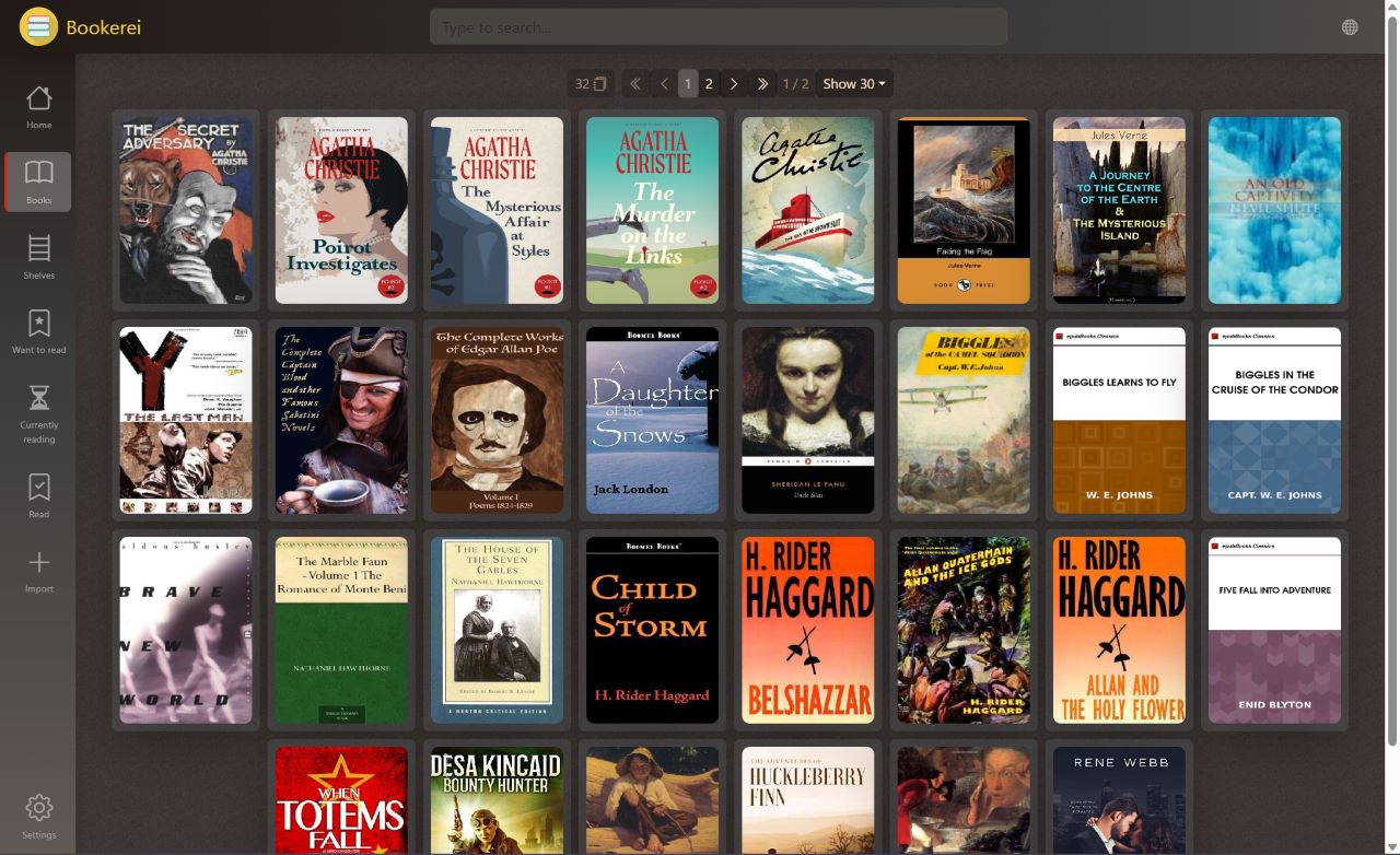 Bookerei library interface showing organized book collection in tile view