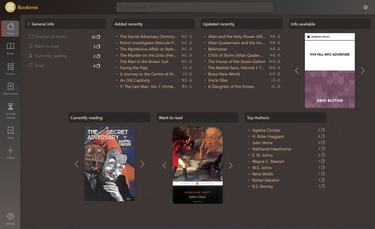 Bookerei eBook management software main interface showing organized EPUB and PDF library with custom shelves and reading tools