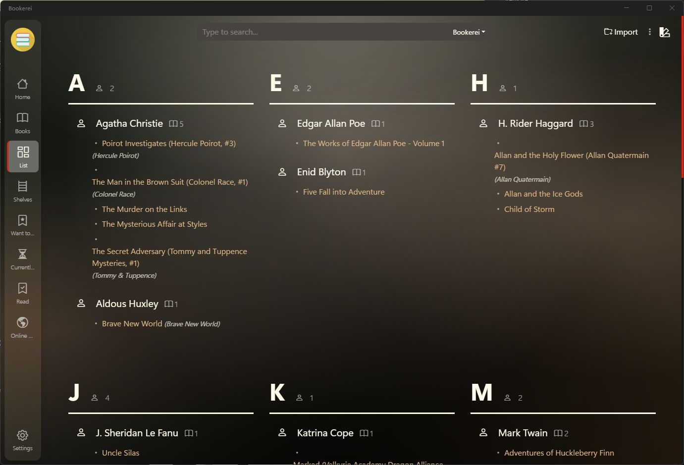 List view showing all books organized alphabetically by author name