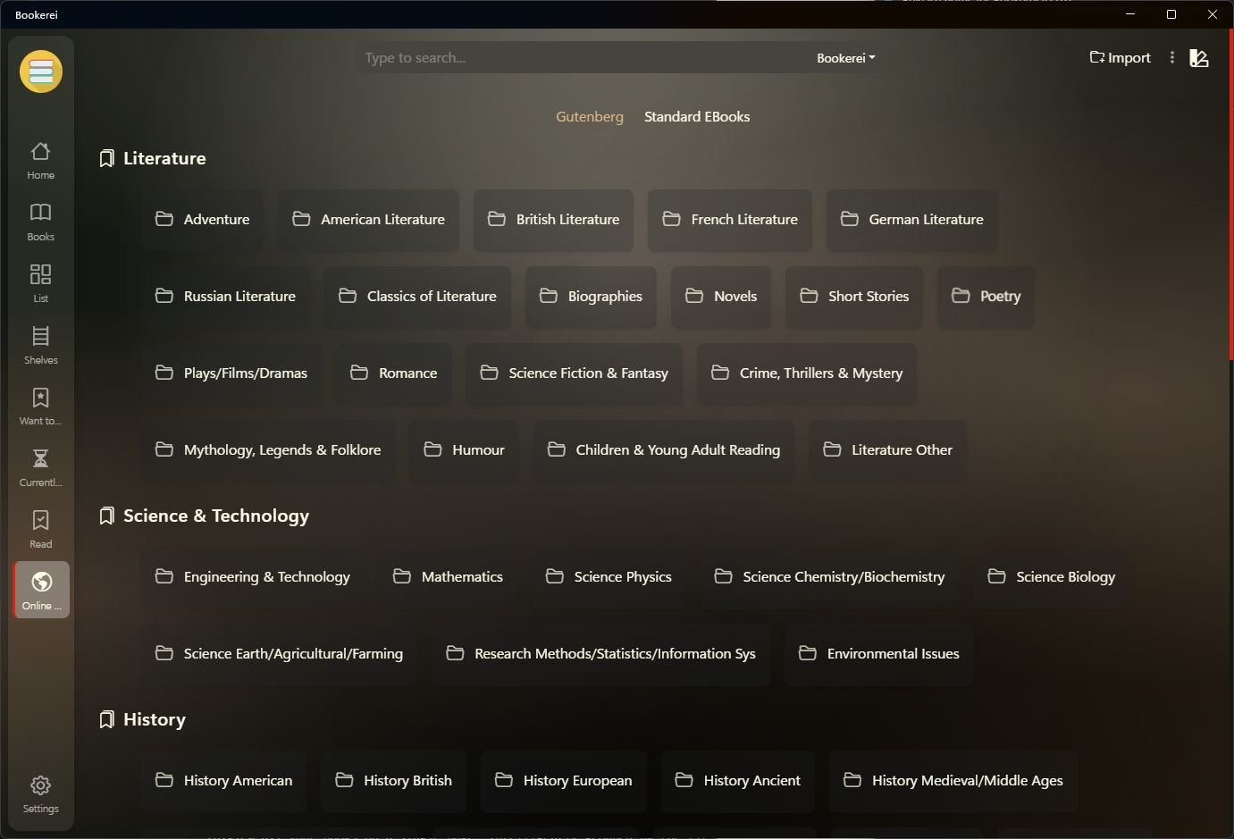 Online book search showing Gutenberg and Standard Ebooks integration