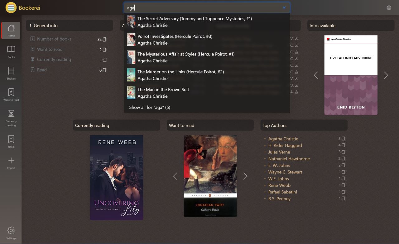 Advanced search functionality in Bookerei showing filtered book results
